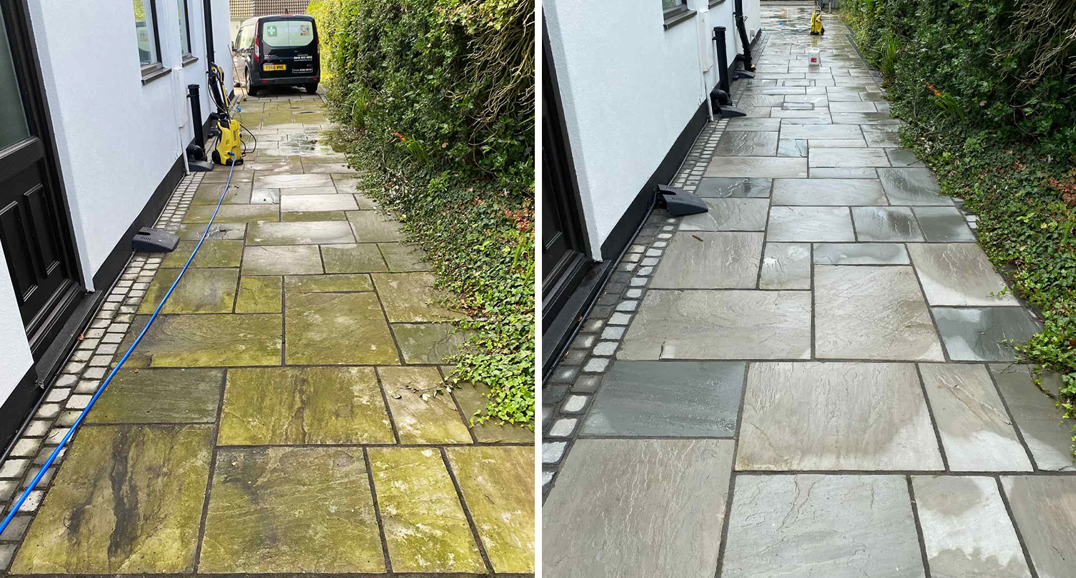 Before and after image of pressure washing a path, removing algae and green staining from the slabs.