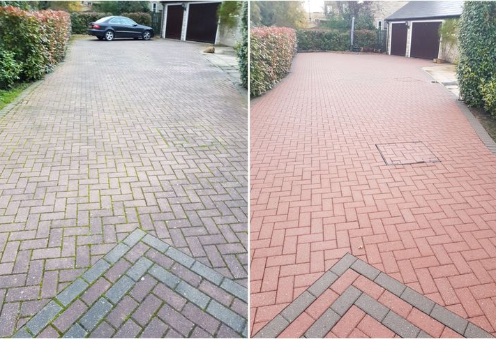 Before and after jet washing a block paving driveway, removing moss from the joints and lichen and black spot from the surface.