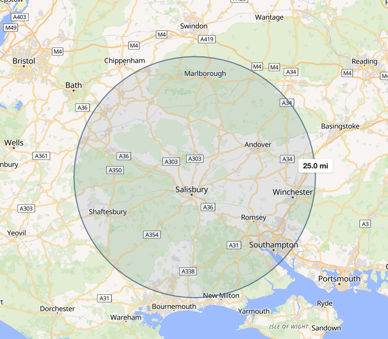 Map showing Jones Jets service area across Salisbury, Winchester, Marlborough, Southampton, and surrounding areas within a 25 mile radius of Salisbury